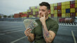 © Krakenimages.com - Young man holding american dollars on urban street with containers in background showing focus gesture with finger near eye