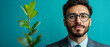 © COK House - A man wearing glasses and a suit with a green sprout near his face symbolizes the connection between business and ecology. He is suitable for projects