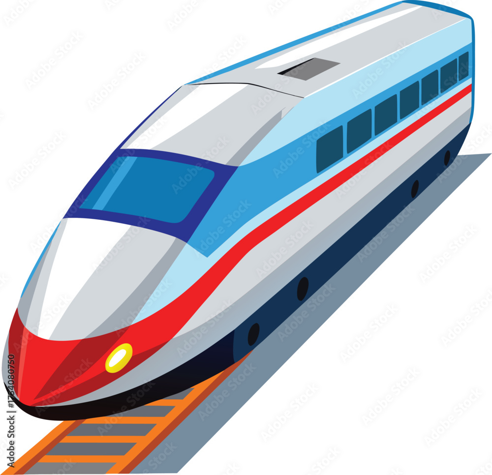 Red and blue high speed train on gray tracks icon isolated on white ...
