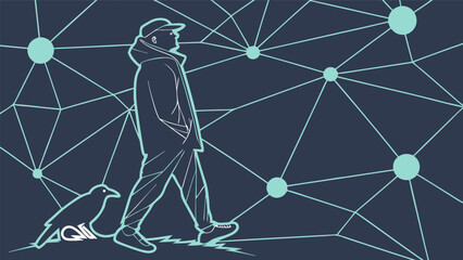 Vector illustration of man walking with bird against futuristic network connection background, modern digital technology communication concept