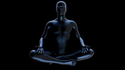 Abstract chrome glossy body of male sitting in lotus pose on black background. Fashion motion concept design. Futuristic 3d animation for meditation and relaxation.