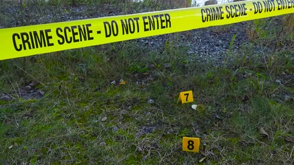 Wall Mural - Yellow colored police line invstigation forensic crime scene tape in front of a grassy and gravel area where police crime markers are placed next to bullets and cryptocurrency Bitcoin coins, day time.