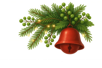 Wall Mural - Christmas bell hanging on a pine branch with berries and lights, celebrating holiday season