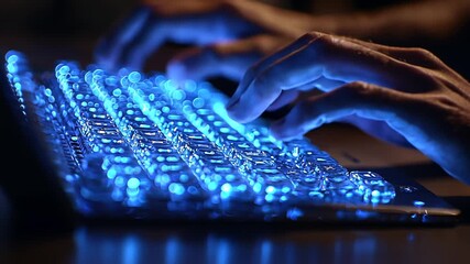 Close-up of human hands typing on modern laptop keyboard with bright blue light for technology programming gaming concept