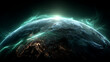 © Strother - Abstract conceptual space image of planet Earth viewed from orbit, featuring city lights and a vibrant green energy glow or aurora around the atmosphere.