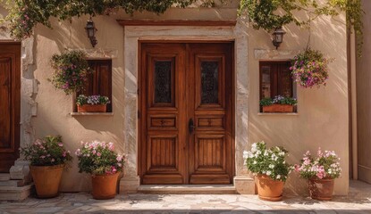  Sun-drenched facade with wooden doors and flower boxes