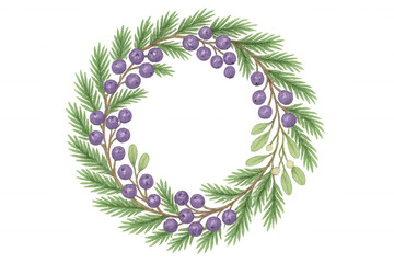 Wall Mural - Watercolor christmas holly berries and pine branches wreath creating festive holiday frame design