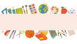© _aine_ - Cute Back to School card with borders of school and art supplies like books, globe, paints and brushes in flat cartoon style. Perfect poster for greeting, invitation, study and education design.
