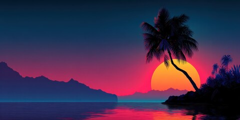 Wall Mural - Futuristic Tropical Horizon. Neon Palm Tree Silhouette Against Vibrant Sunset Sky and Reflective Sea