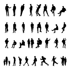 Black vector set of 32 silhouettes of seated people, designed for use in architectural plans, sections, and layouts