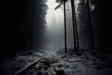 Wall Mural - Deep dark snow forest outdoors woodland nature.