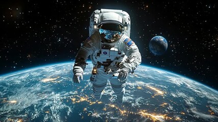 Wall Mural - Astronaut in space suit floats in orbit above a detailed view of Earth.