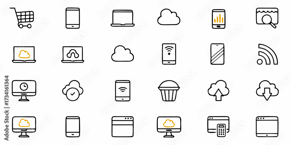 Modern technology icons representing cloud computing, mobile devices ...