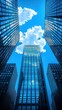 © fdfdg - Low Angle View of Modern Glass Curtain Wall Skyscrapers and Blue Sky, Architecture, City, Modern, Business