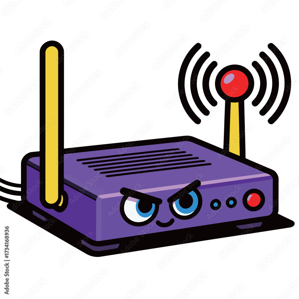 Angry and powerful purple Wi-Fi router character with yellow antennas ...