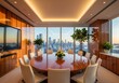 © Stock Shop - Modern boardroom with large round table and city skyline view at sunset, luxury corporate office interior