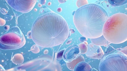 Wall Mural - Ethereal floating spheres in a vibrant blue environment showcasing fluid motion and organic forms