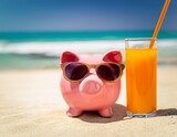 pink piggy bank wearing sunglasses on tropical beach with orange juice drink ample copy space for text fun saving concept and summer vacation lifestyle backdrop