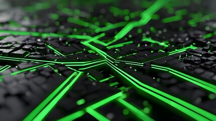 Glowing neon green lines and geometric shapes form a complex digital network in a dark, minimalist background.