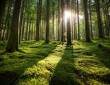 a sunlit forest floor covered in bright green moss with tall trees reaching for the sky