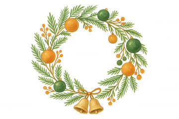 Wall Mural - Christmas wreath with green pine branches, golden bells, and colorful ornaments, watercolor illustration, transparent background