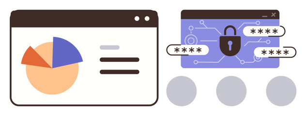 Wall Mural - Interactive dashboard with pie chart and text next to secured online login with passwords and padlock. Ideal for security, encryption, business analytics, privacy, technology, data safety, simple
