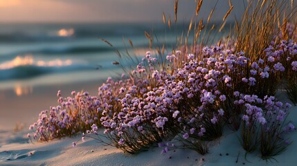 Wall Mural - Delicate lavender wildflowers bloom on a coastal sand dune. In the background are soft-focus ocean waves and a golden sunset as a gentle breeze blows.