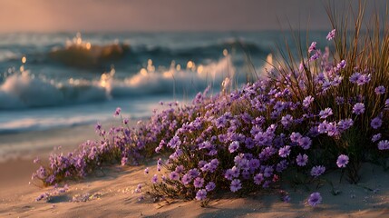 Wall Mural - Delicate lavender wildflowers bloom on a coastal sand dune. In the background are soft-focus ocean waves and a golden sunset as a gentle breeze blows.