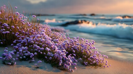 Wall Mural - Delicate lavender wildflowers bloom on a coastal sand dune. In the background are soft-focus ocean waves and a golden sunset as a gentle breeze blows.