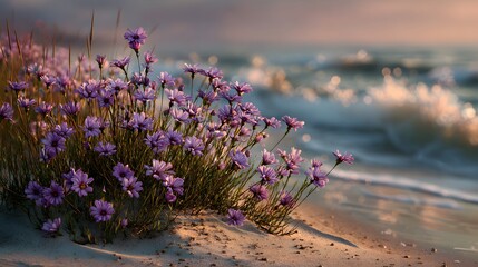 Wall Mural - Delicate lavender wildflowers bloom on a coastal sand dune. In the background are soft-focus ocean waves and a golden sunset as a gentle breeze blows.