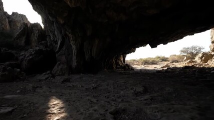 Wall Mural - ﻿sunlight and shadows slowly shifting across a rugged cave entrance in a natural timelapse backgroun