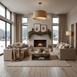 © 시로K - luxury winter living room interior with fireplace and snowy mountain view christmas decor