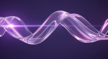 Wall Mural - 3d glass holographic liquid transparent ribbon wave line render. Abstract fluid gradient tape. Fluid flow curve shape with flare and motion effect in purple pink light hologram colors.