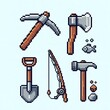 © PNG アセット - 採掘道具と釣り竿のピクセルアートのコレクション