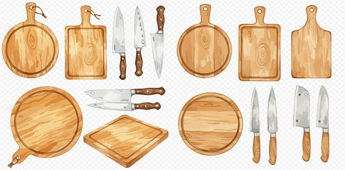 A collection of wooden cutting boards and knives in various shapes and sizes, arranged on a transparent background.