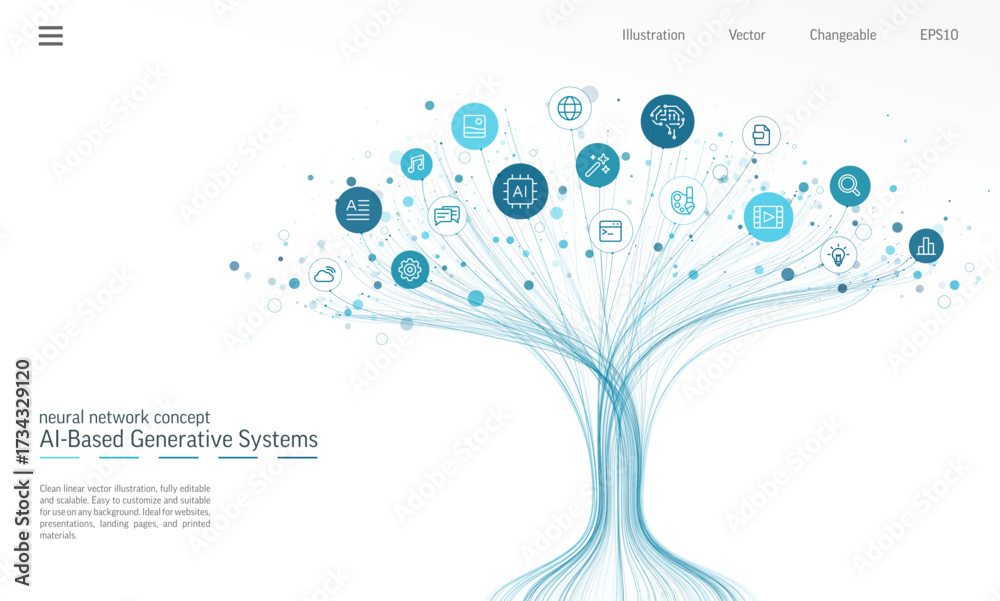 Linear vector illustration, AI powered growth tree. Digital technology ...