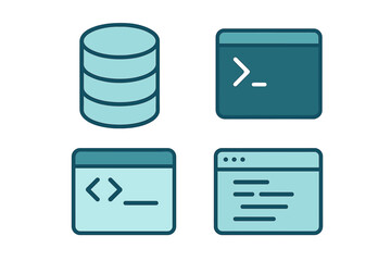 Modern flat design symbols depicting database management, command line interface, software coding, and web browsing