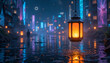 © MR. MUKRAM ALI - Glowing lantern hanging over a river in a futuristic city at night