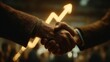 © Milo - Two people shaking hands with intense focus, warm glowing lights resembling an upward graph in the blurred background,