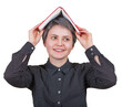 © 1STunningART - Clueless student woman dreamer looks aside with positive expression, keeps an open book over head isolated on transparent background