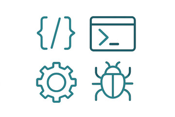 Software development and debugging icons set with symbols for coding, command line, system settings, and bug detection