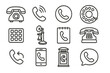 © Nanette - Phone icon set vector illustration. Collection of communication symbols. Old retro rotary telephone, vintage candlestick, modern smartphone, phone booth and call signs.