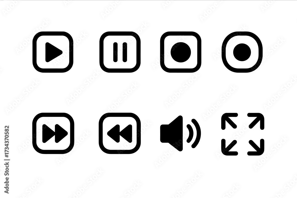 Essential user interface media player control icons for modern web and ...