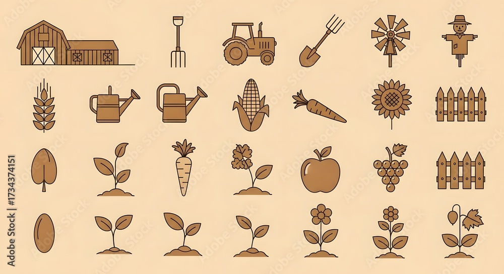 Vector agriculture icon set with farm tools, crop symbols, and growth ...