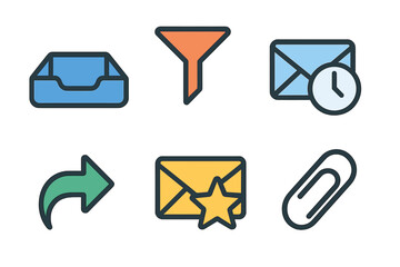 Essential digital communication and office management interface icons for web and mobile applications, featuring inbox, filter, mail, share, favorite, and attachment symbols