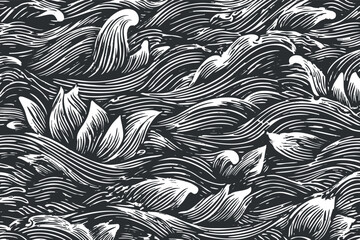 Wall Mural - Stylized black and white illustration of dynamic waves creating an abstract oceanic pattern..