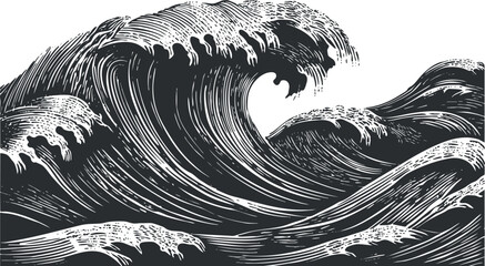 Wall Mural - A dramatic illustration of crashing ocean waves in black and white showcasing movement and energy..