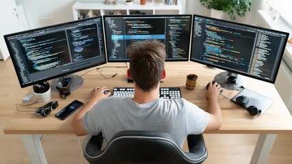 Code Architect at Work: A focused individual engrossed in lines of code, working on multiple screens in a bright, functional workspace