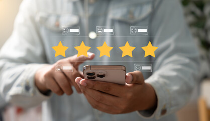Canvas Print - Online customer satisfaction Survey service concept, client rate service from experience in application,Consumer give five-Stars and feedback review for quality, Business reputation ranking from buyer