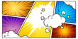 © klyaksun - Colorful comic panels with cloud explosions and superhero action bursts for pop art design. Retro halftone frames with white speech bubbles. Vintage cartoon strip layout for graphic novels or posters.